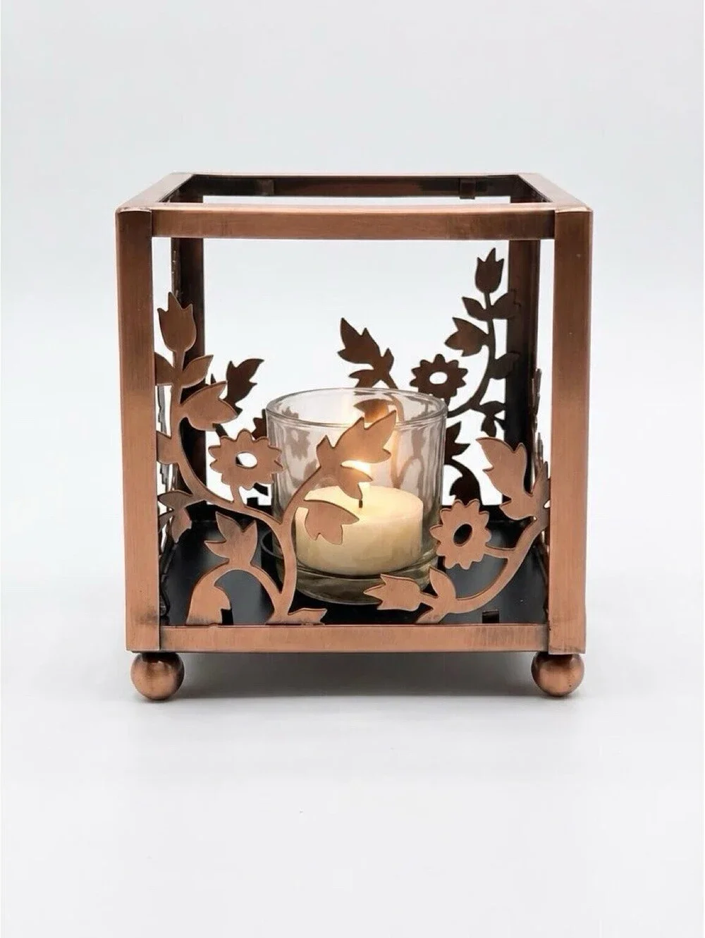 PartyLite Copper Floral Candle Holder Metal Lantern Votive Tealight Glass Insert